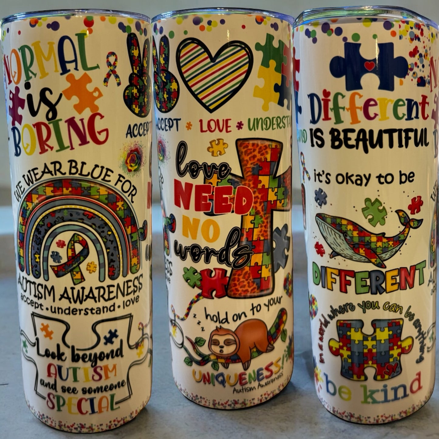 20oz White Colorful Autism Tumbler
