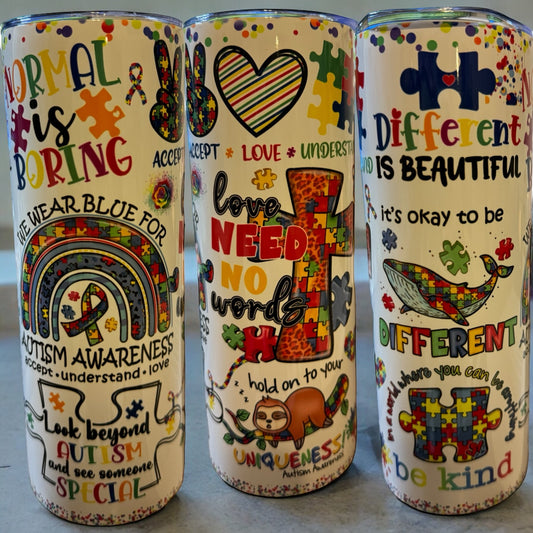 20oz White Colorful Autism Tumbler